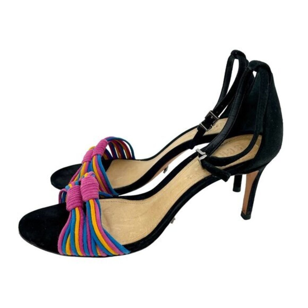 Schutz Heels Colored Suede Leather Strappy Black Ankle Sandals SZ 7.5
